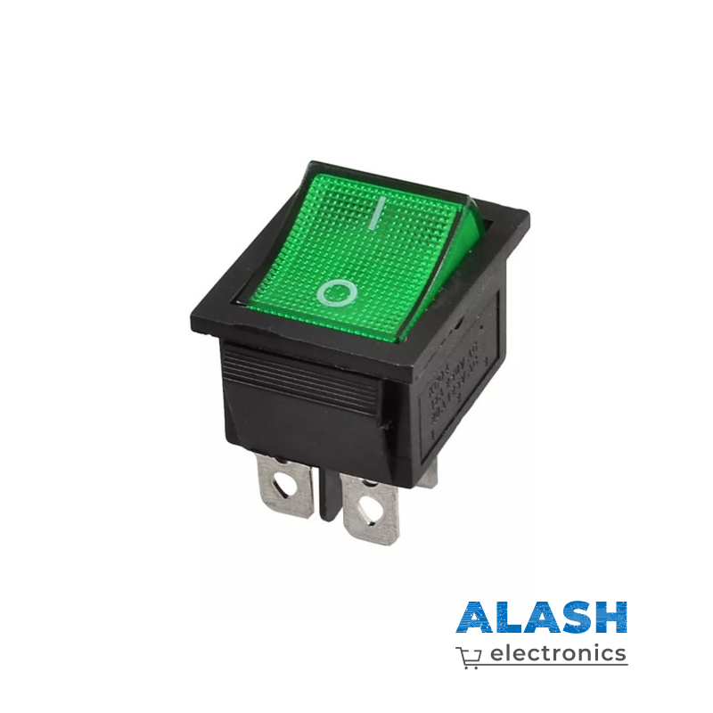 Клавишный переключатель KCD4, 16A 250V AC / 20A 125V AC, одинарный, 4 контакта, зелёный 25x31мм