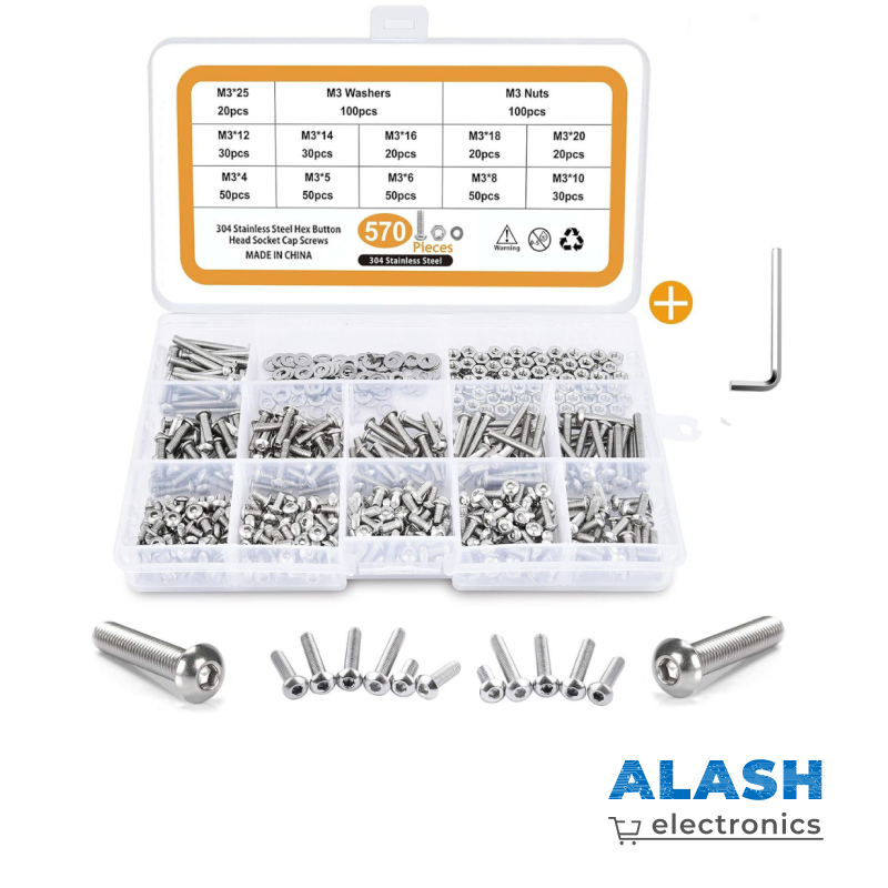 Набор болтов, гаек и шайб M3 из нержавеющей стали — комплект 570 шт с шестигранным ключом в пластиковом кейсе