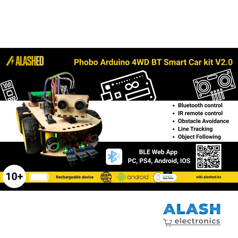 Набор для сборки колесного робота машинки Alashed Phobo Arduino 4WD BT Smart Car kit V2.0