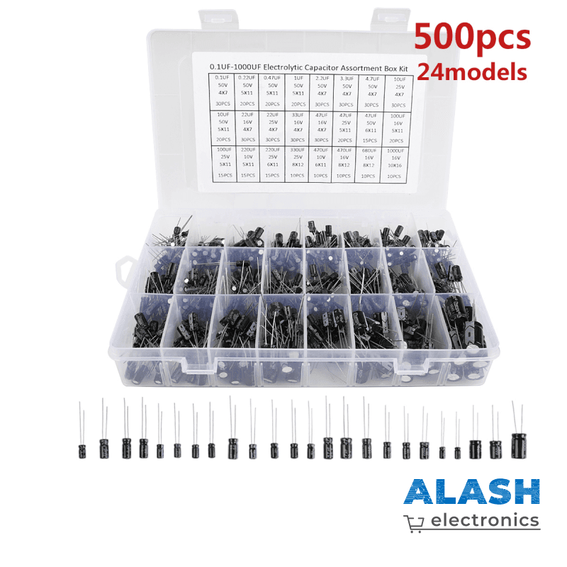 Набор электролитических конденсаторов 0.1–1000 µF, 500 шт (24 номинала) — комплект для Arduino, электроники и ремонта