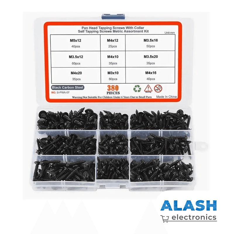 Набор саморезов по металлу с прессшайбой в кейсе — 380 шт, черная сталь, размеры M3–M5, комплект крепежа для электроники и сборки