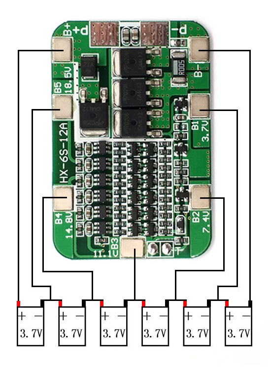 BMS плата защиты 6 аккумуляторов 18650, 15 А